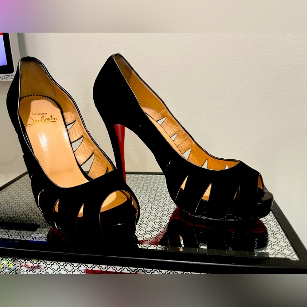 Christian Louboutin Black Suede Peep-Toe Pumps with Signature Red Soles